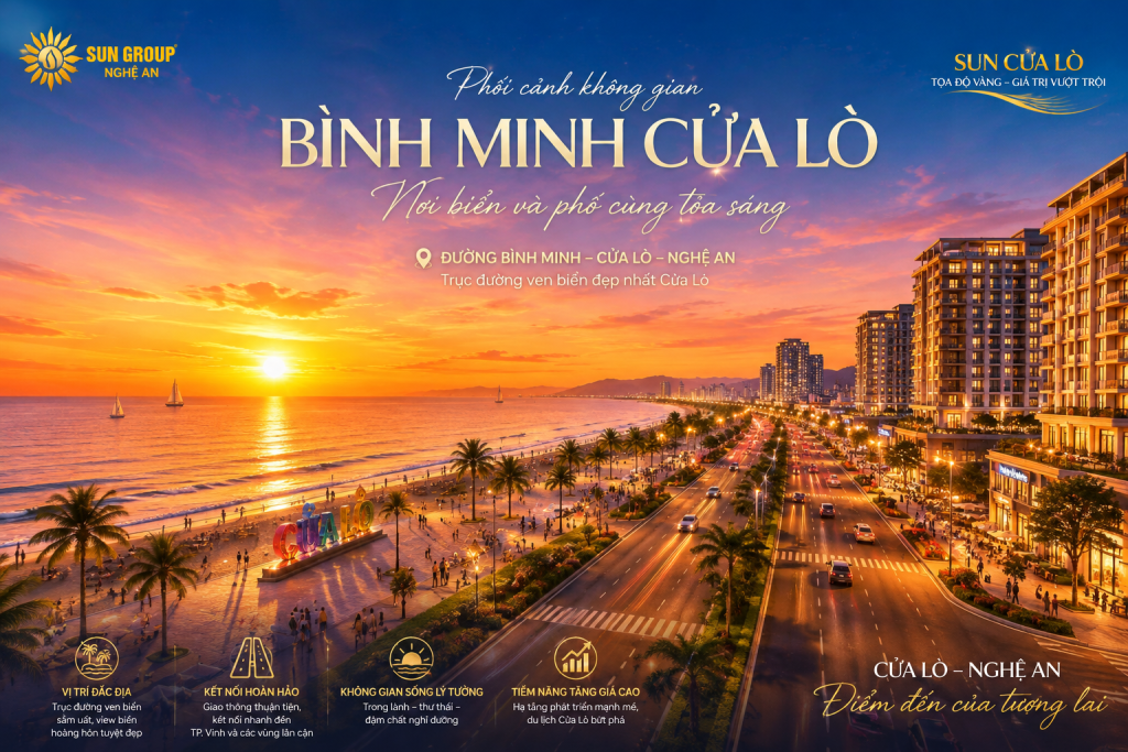 Toan canh bãi bien Cua Lo mat duong Binh Minh noi toa lac du an Sun Group