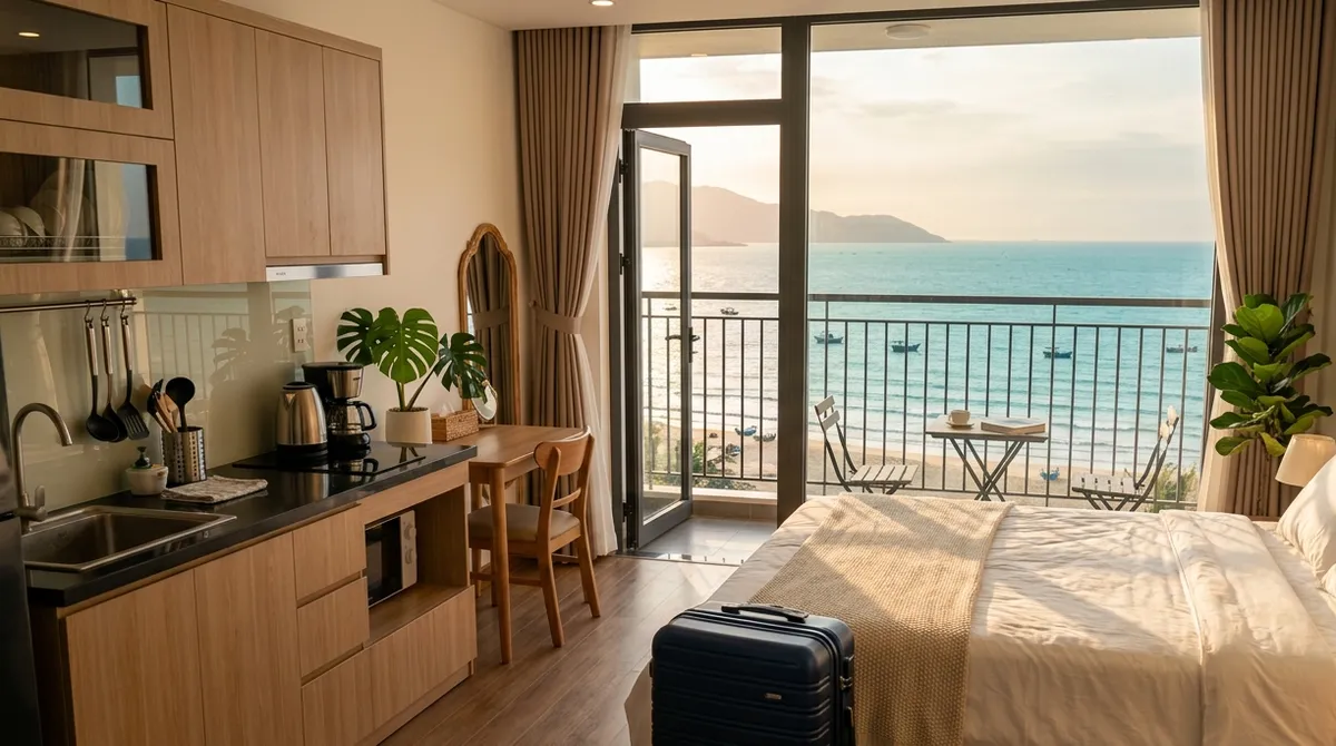 Phối cảnh minh họa căn hộ studio Sun Cửa Lò dùng để làm việc từ xa