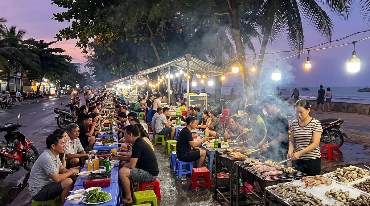 Ảnh minh họa ẩm thực đường phố Cửa Lò buổi tối với quán nướng ven biển