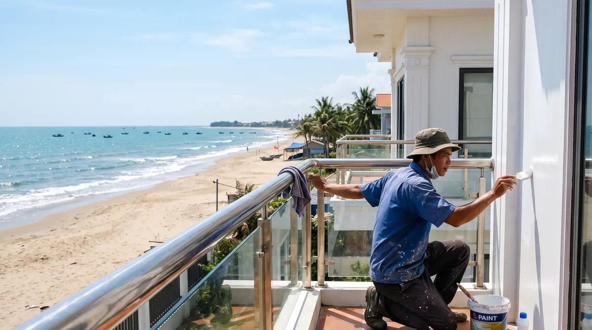 Ảnh minh họa bảo trì nhà biển Cửa Lò, sơn lại tường và lau lan can chống hơi muối