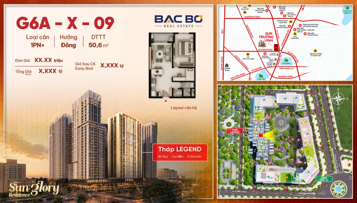 Phiếu căn 1PN+ G6A-X-09 tòa Legend Sun Glory Residence Vinh, hướng Đông, 50,6 m²