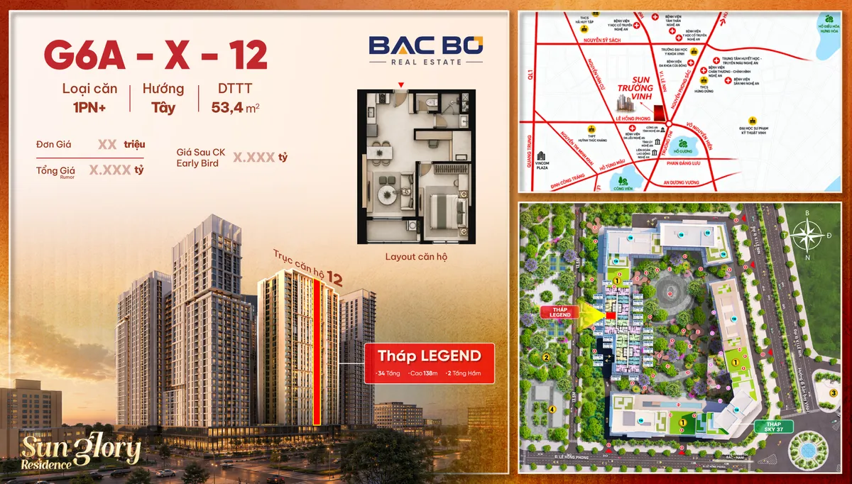 Phiếu căn 1PN+ G6A-X-12 tòa Legend Sun Glory Residence Vinh, hướng Tây, 53,4 m²