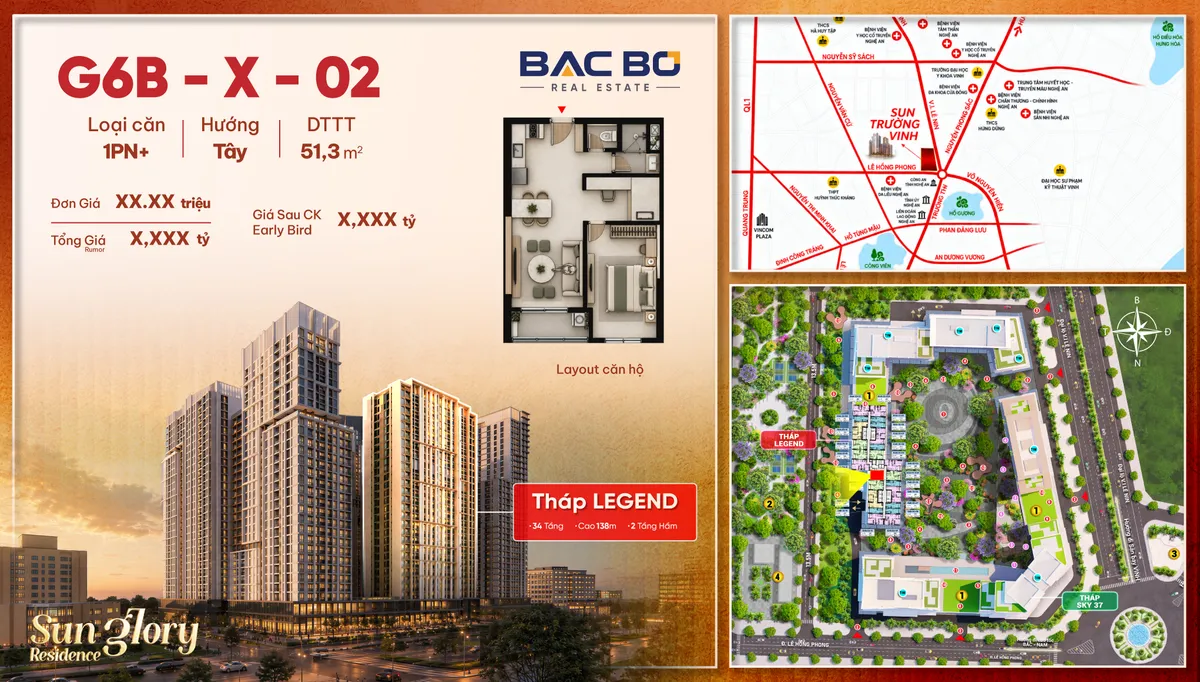Phiếu căn 1PN+ G6B-X-02 tòa Legend Sun Glory Residence Vinh, hướng Tây, 51,3 m²