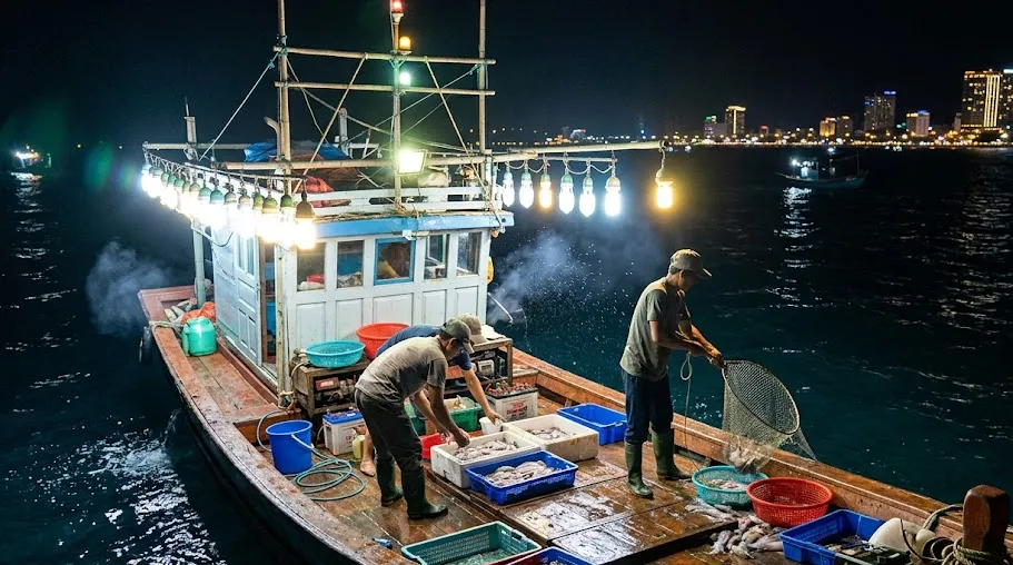 Ảnh minh họa thuyền câu mực sáng đèn trên biển Cửa Lò ban đêm