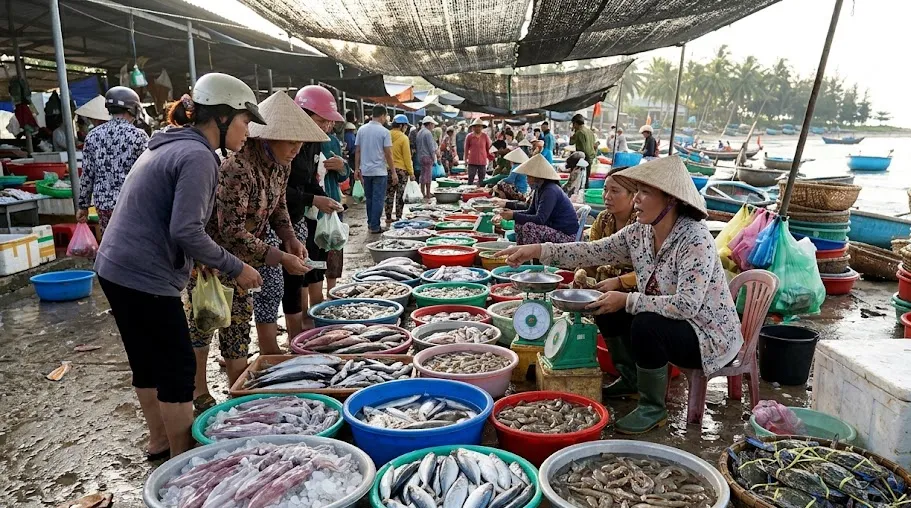 Ảnh minh họa chợ hải sản Cửa Lò nơi khách chọn đồ tươi trước bữa tối