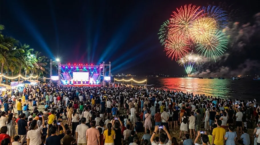 Ảnh minh họa đêm lễ hội biển Cửa Lò với pháo hoa và đông người trên bãi biển