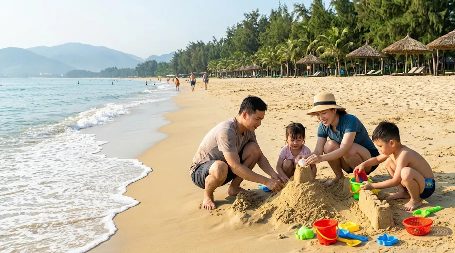 Ảnh minh họa gia đình trẻ cùng hai con xây lâu đài cát trên bãi biển Cửa Lò