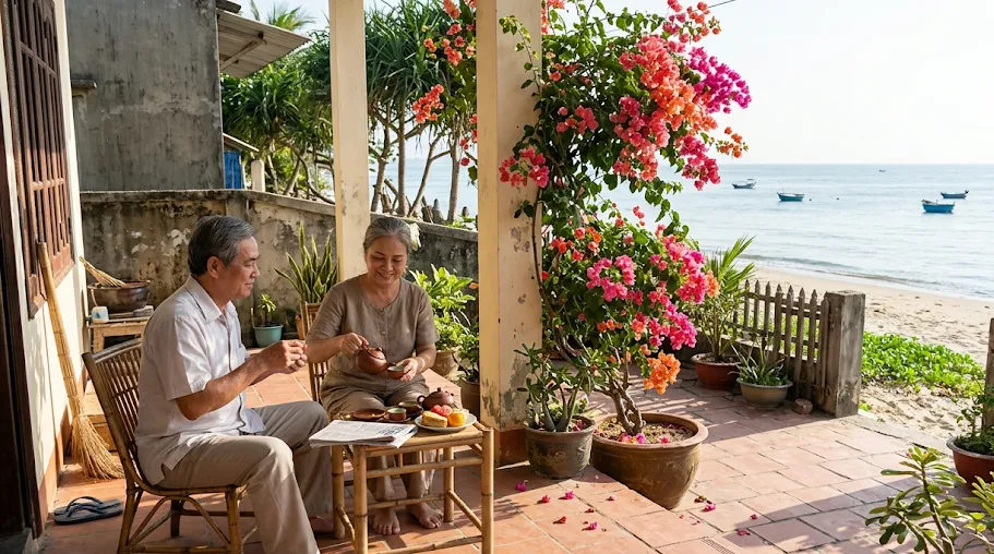 Ảnh minh họa vợ chồng nghỉ hưu uống trà trên hiên nhà biển Cửa Lò