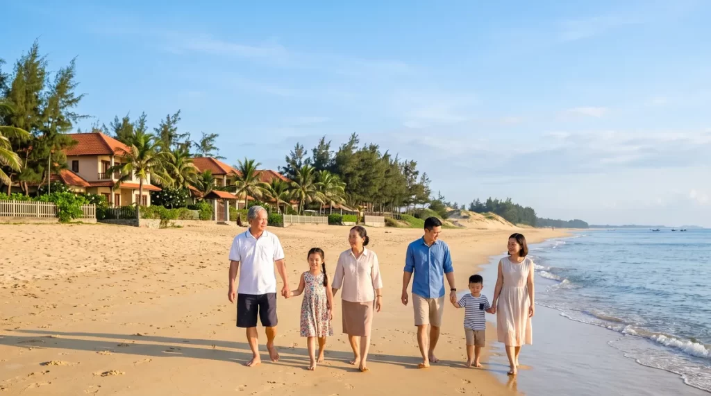 Ảnh minh họa gia đình ba thế hệ dạo biển, second home ven biển gần Hà Nội