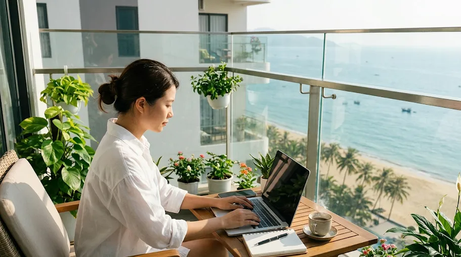 Ảnh minh họa phụ nữ trẻ làm việc với laptop trên ban công căn hộ nhìn biển Cửa Lò